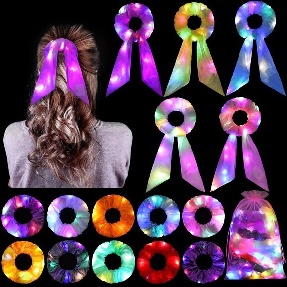 LED Light Up Hair Scrunchies 15 Pack Colorful Glowing Hair Bands for Women Girls main image 6